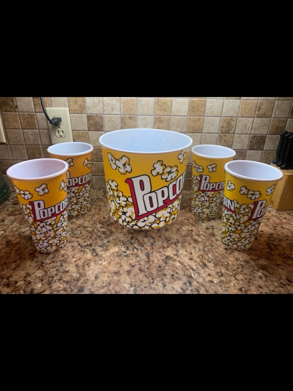 Retro Style Plastic Popcorn Bucket / Four Tall Cups Containers for Movie Night.